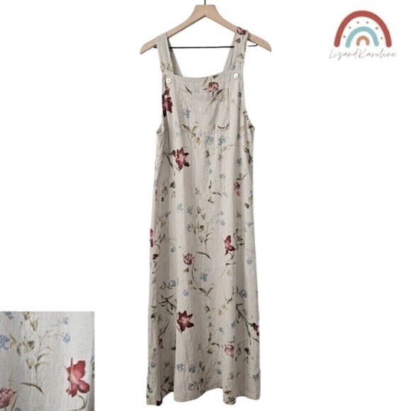 Vintage Carol Anderson 100% Linen 80s Floral Apron Overalls Jumper Maxi Dress - Picture 1 of 9
